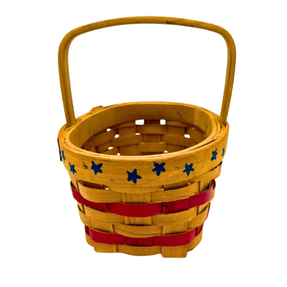 Vintage Patriotic Americana Woven Wood Basket Red and Blue Hand Painted Stars 7" - Picture 4 of 7